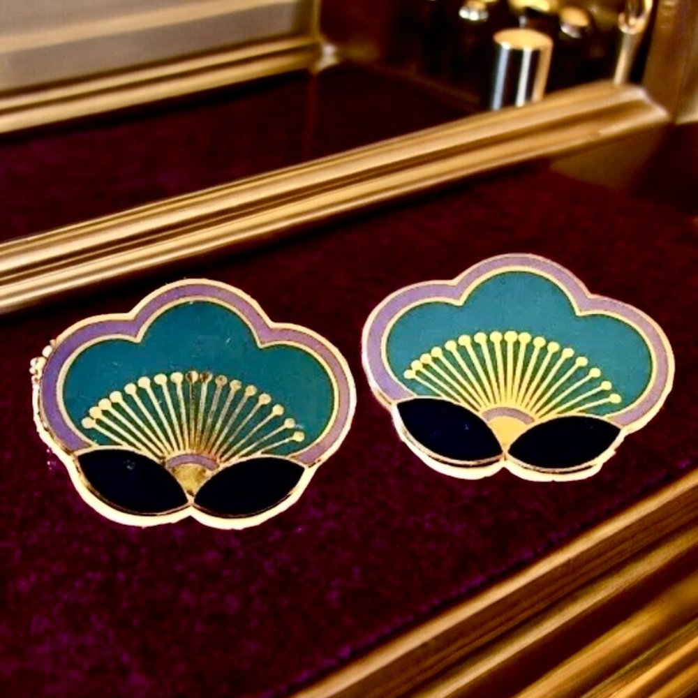 Laurel Burch Clip-On Enamel Earrings Plum Blossom Signed Vintage - Picture 12 of 12